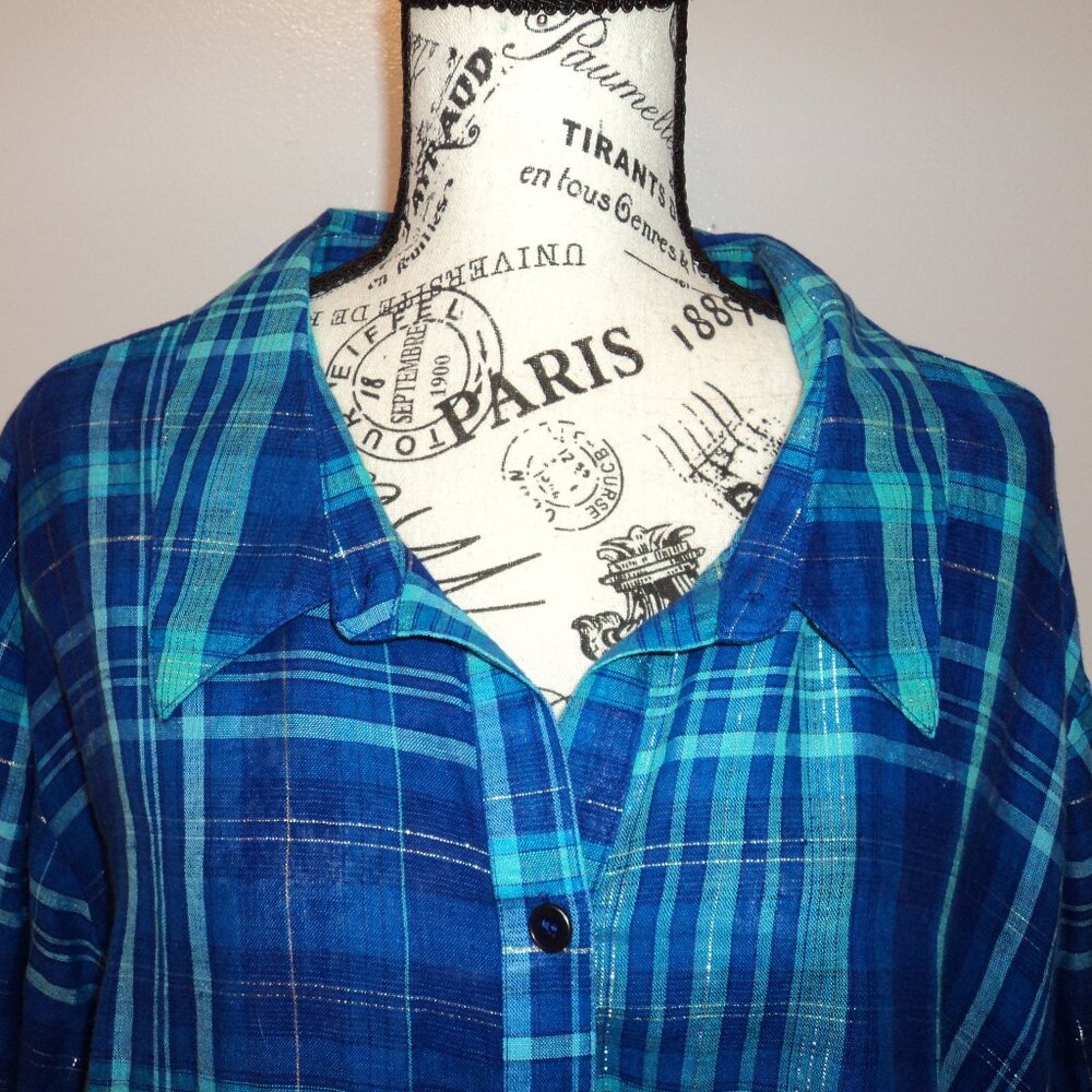 New Liz & Me Catherines Women's Plus 4X Blouse Top Blue Plaid Linen Cotton
